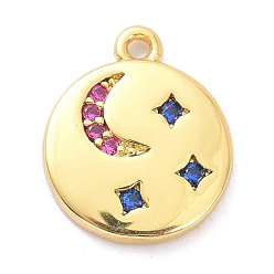 Blue Brass Micro Pave Cubic Zirconia Pendants, Flat Round with Moon & Star, Blue, 11.5x9.5x1.5mm, Hole: 1mm