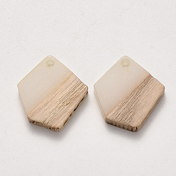 Linen Transparent Resin & Wood Pendants, Waxed, Polygon, Linen, 20.5x18.5x3~4mm, Hole: 2mm