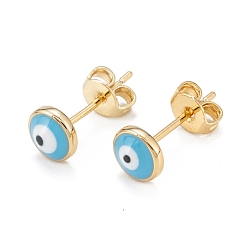 Turquoise Brass Enamel Stud Earrings, Long-Lasting Plated, Flat Round with Evil Eye, Real 18K Gold Plated, Turquoise, 6x2.5mm, Pin: 0.8mm