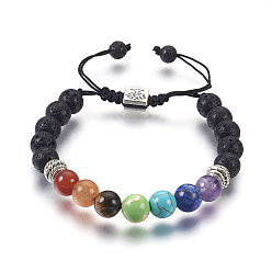 Mixed Stone Chakra Jewelry, Natural Lava Rock and Natural & Synthetic Mixed Gemstone Braided Bead Bracelets, with Nylon Thread and Square Alloy Beads, 2 inch~3-3/8 inch(5.15~8.4cm)