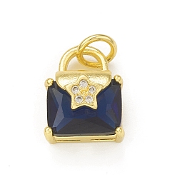 Marine Blue Rack Plating Brass Micro Pave Clear Cubic Zirconia Charms, with Jump Rings, Cadmium Free & Lead Free, Long-Lasting Plated, Envelope Handbag with Star Charm, Real 18K Gold Plated, Marine Blue, 12.5x9.5x7.5mm, Hole: 3mm