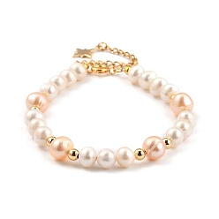 Pearl Pink Beaded Bracelets, with Natural Cultured Freshwater Pearl Beads, Golden Plated Brass Spring Ring Clasps and Star Charms, Pearl Pink, 19cm(7-1/2 inch)