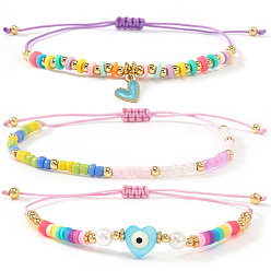 (52) Непрозрачная лаванда 3 шт. браслеты из стеклянного бисера, смолы и латунного плетеного бисера, Регулируемые браслеты из латуни с эмалированными подвесками для женщин, сердце и зло, с естественной оболочке, разноцветные, 11.02 дюйм (28 см)