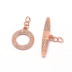 Real Rose Gold Plated Brass Micro Pave Cubic Zirconia Ring Toggle Clasps, Cadmium Free & Nickel Free & Lead Free, Real Rose Gold Plated, toggle: 16x14x2mm, Hole: 3x2mm, Bar: 6x26x4mm, Hole: 3x2mm.