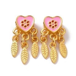 Pink Alloy Pendants, with Enamel, Heart and Feather, Matte Gold Color, Pink, 23mm, Hole: 3mm