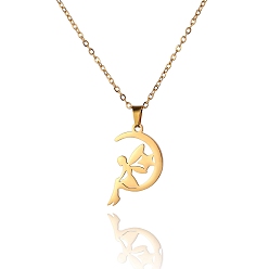 Golden Titanium Steel Pendant Necklaces, Angel with Moon, Golden, 16.14~19.69 inch(41~50cm) 