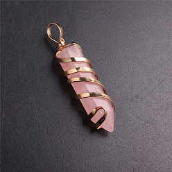 Golden Natural Rose Quartz Metal Wire Wrapped Faceted Bullet Pendants, Pointed Charms, Golden, 32x9mm