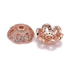 Rose Gold Eco-Friendly 6-Petal Flower Brass Micro Pave Cubic Zirconia Bead Caps, Lead Free & Nickel Free, Rose Gold, 11x4mm, Hole: 2mm