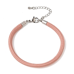 Pink Braided Round Polyester Cord Bracelet Makings, with Brass Findings and 202 Stainless Steel Lobster Claw Clasps, Stainless Steel Color, Pink, 7.28 inch(18.5cm)