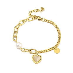 Golden Resin Heart Charm Bracelet with Natural Pearl Beaded, Vacuum Plating 304 Stainless Steel Bracelet for Girl Women, Golden, 7-1/4 inch(18.5cm)