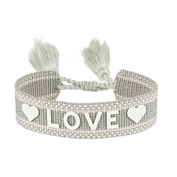 Silver Silicone Word Love Pattern Braided Cord Bracelet with Polyester Tassels, Flat Adjustable Bracelet for Women, Silver, Inner Diameter: 5-7/8~9-1/2 inch(15~24cm)