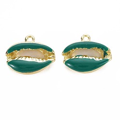 Green Rack Plating Alloy Pendants, with Enamel, Cadmium Free & Lead Free, Cowrie Shell, Light Gold, Green, 16.5x19x5.5mm, Hole: 1.6mm