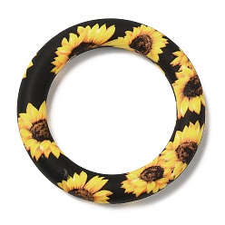 Black Food Grade Eco-Friendly Silicone Pendants, Ring with Sunflower Pattern, Black, 65x10mm, Hole: 4mm