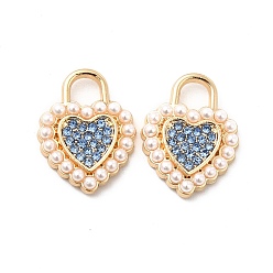 Light Sapphire Alloy Rhinestone Pendants, with ABS Plastic Imitation Pearl Beads, Golden Tone Heart Charms, Light Sapphire, 18x14x3mm, Hole: 4x4mm