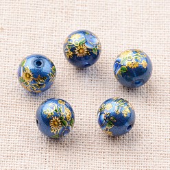 Royal Blue Flower Picture Printed Glass Round Beads, Royal Blue, 12mm, Hole: 1mm