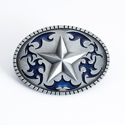 Blue Zinc Alloy Enamel Buckles, Belt Fastener, for Men's Belt, Oval with Star, Antique Silver, Blue, 69x95mm