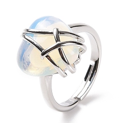 Опал Регулируемое кольцо с опаловым сердцем, украшения из латунной проволоки для женщин, без кадмия и без свинца, размер США 7 1/4~13 (17.5~22.3 мм)