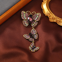 Amethyst Creative Long Alloy Triple Butterfly Brooch, Rhinestone Retro Insect Brooch, for Ceremony Banquet Suit Accessory, Amethyst, 110x52mm