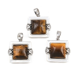 Платина Подвески из натурального тигрового глаза и пресноводных ракушек, квадратные подвески с латунными подвесками и прозрачными кубическими цирконами, платина, 17x17x6.5 мм, отверстие : 4.5x2.5 мм