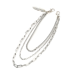 Antique Silver & Stainless Steel Color 304 Stainless Steel Triple Layer Chains for Jeans Pants, Alloy Feather Pendant Wallet Keychains, Punk Chain Belts Hipster Accessories for Men Women, Antique Silver & Stainless Steel Color, 18-7/8 inch(47.8cm)