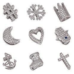 Platinum Brass Micro Pave Clear Cubic Zirconia Slide Charms, Long-Lasting Plated, Cadmium Free & Nickel Free & Lead Free, Mixed Shapes, Real Platinum Plated, 13~17x8.5~17x4~7mm, Hole: 1~2x10~11mm, 9pcs/box