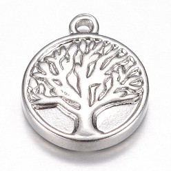 Stainless Steel Color 304 Stainless Steel Pendants, Flat Round, Tree of Life, Stainless Steel Color, 16x13x3mm, Hole: 1mm