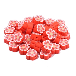Red Handmade Polymer Clay Beads, Plum Blossom, Red, 10x4.5mm, Hole: 1.5mm