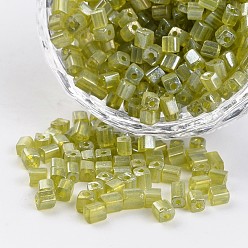 Olive 6/0 Cube Transparent Colours Pearl Luster Plated Round Hole Glass Seed Beads, Olive, 3.5~4x2.5~3mm, Hole: 0.5mm, about 5500pcs/450g