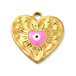 Pink Ion Plating(IP) 304 Stainless Steel Pendants, with Evil Eye Enamel, Real 18K Gold Plated, Heart with Star Charm, Pink, 17.5x17x2.5mm, Hole: 2mm