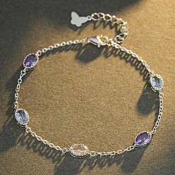 Argent 925 Bracelets en argent sterling sertis de zirconiums cubiques ovales colorés, à maillons, pour couples, bijoux de mode décontractés, argenterie, 7.87 pouce (20 cm)