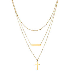 Cross Three-Piece Set - Gold-Plated NK5076-00-04 Butterfly Pendant Triple Layer Necklace Bar Satellite Chain Cross Lock Charm