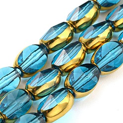 Deep Sky Blue Electroplate Transparent Glass Beads Strands, with Golden Plated Edge, Faceted Oval, Deep Sky Blue, 8~9x6.5x5mm, Hole: 1.2mm, about 37pcs/strand, 23.78 inch(60.4cm)