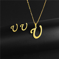 Letter V Golden Stainless Steel Initial Letter Jewelry Set, Stud Earrings & Pendant Necklaces, Letter V, No Size