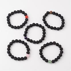 Mixed Stone Natural Lava Rock Beaded Stretch Bracelets, with Gemstone Beads, 54mm