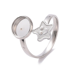 Stainless Steel Color 304 Stainless Steel Open Cuff Ring Findings, Pad Ring Setting, Flat Round and Star, Stainless Steel Color, US Size 6 3/4(17.1mm), Tray: 8mm and 9.5x8.5mm