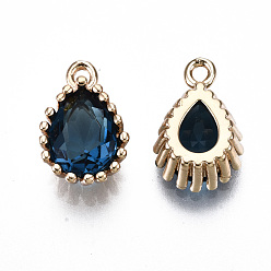 Prussian Blue Glass Charms, with Brass Findings, Light Gold, Long-Lasting Plated, Cadmium Free & Lead Free, Teardrop, Prussian Blue, 12x7.5x4~5mm, Hole: 1.2mm