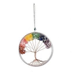 Mixed Stone Wire Wrapped Chips Natural Gemstone Big Pendant Decorations, with Iron Chains and Imitation Leather Rope, Flat Round with Tree of Life, 295mm