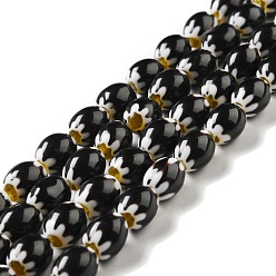 Black Handmade Lampwork Beads Strands, Oval with Flower, Black, 11.5~12.5x9.5mm, Hole: 1.2mm, about 26~27pcs/strand,  12.99~13.39 inch(33~34cm)