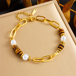 Golden 304 Stainless Steel Paperclip Chain Natural Tiger Eye Rondelle Beaded Bracelets for Women, with Imitation Pearl, White, Golden, 7.09 inch(18cm)