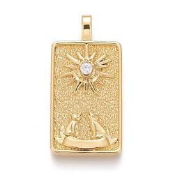 Real 18K Gold Plated Brass Micro Pave Clear Cubic Zirconia Pendants, Real 18K Gold Plated, Tarot Card Charms, The Moon, The Moon XVIII, 30x15x4mm, Hole: 3~4mm