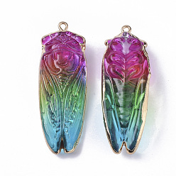 Colorful Natural Quartz Crystal Big Pendants, with Edge Golden Plated Iron Loops, Rainbow Plated, Cicada, 53.5x19x12mm, Hole: 1.8mm