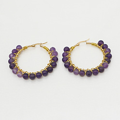 B-E200027C Boho Chic 6mm Purple Agate Natural Stone Geometric Statement Earrings for Women