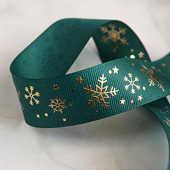 Teal 25 Yards Flat Christmas Snowflake Printed Polyester Grosgrain Ribbons, Hot Stamping Ribbons, Teal, 1 inch(25mm), about 25.00 Yards(22.86m)/Roll