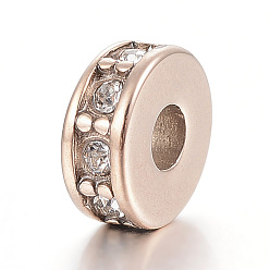 Rose Gold 304 Stainless Steel Bead Spacers, with Rhinestone, Flat Round, Rose Gold, 7x3mm, Hole: 2.5mm