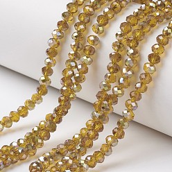 Goldenrod Electroplate Transparent Glass Beads Strands, Half Green Plated, Faceted, Rondelle, Goldenrod, 4x3mm, Hole: 0.4mm, about 123~127pcs/strand, 16.5~16.9 inch(42~43cm)