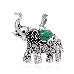 Green Antique Silver Plated Alloy Dyed Synthetic Turquoise Elephant Pendants, with Rhinestones, 48x44x7.5mm, Hole: 9x5mm