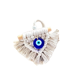 WhiteSmoke Handmade Macrame Cotton Thread with Turkish Glass Evil Eye Wall Hanging Ornament, with Wood Bar, WhiteSmoke, 50mm