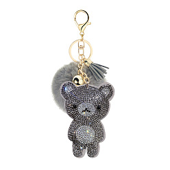 4. Grey Cute Bear Fur Ball Keychain with Rhinestone and Fluffy Pom-pom Pendant