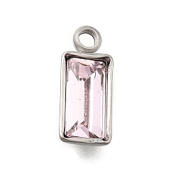 Розовый 304 из нержавеющей стали горный хрусталь подвески, прямоугольные, светло-розовый, 12x5x3 мм, отверстие : 1.6 мм