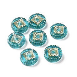 Turquoise Transparent Acrylic Beads, Golden Metal Enlaced, Flat Round, Turquoise, 15.2x4.5mm,, Hole: 1.8mm, about 606pcs/500g